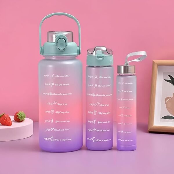 0025 Motivational Silicone Water Bottle 3 in 1 Set – Pack of 3 in Multiple Shades and Sizes for Fitness